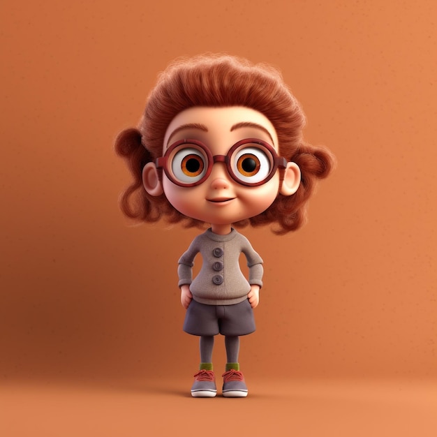 Um personagem de desenho animado de uma garota com óculos e um suéter cinza.