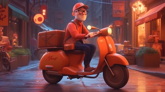 Um personagem de desenho animado em uma scooter com a palavra pizza