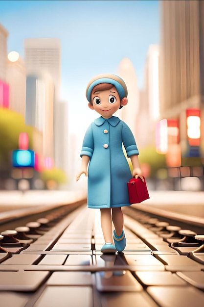 Um personagem de desenho animado está andando nos trilhos com uma bolsa vermelha.