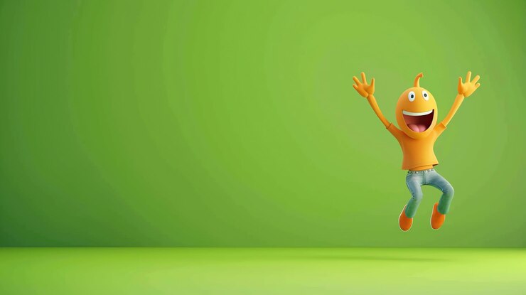 Foto um personagem de desenho animado feliz salta no ar contra um fundo verde