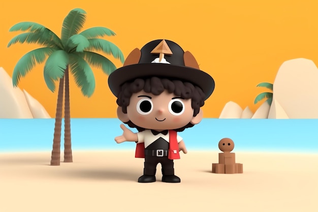 Um personagem de desenho animado fica em uma praia com palmeiras e um chapéu de pirata.