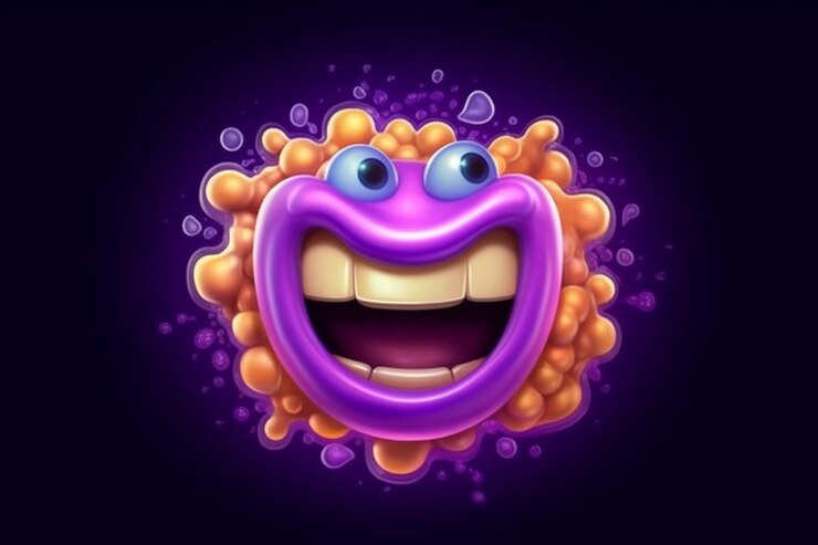 Foto um personagem de desenho animado roxo e amarelo com um grande sorriso generativo ai