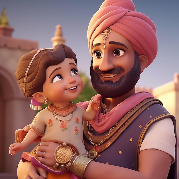 Um personagem de desenho animado segurando um bebê e usando um turbante.