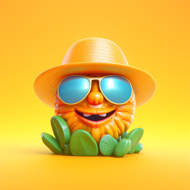 Um personagem de desenho animado usando um chapéu e óculos de sol e um chapéu com óculos de sol.