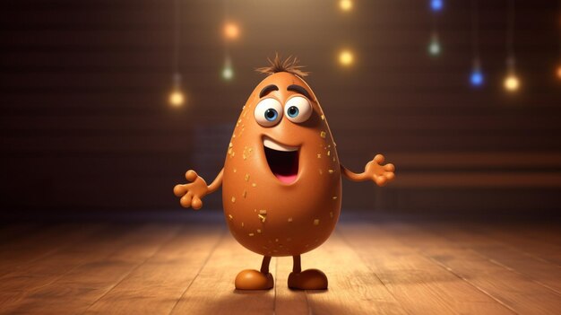 Foto um personagem de estilo pixar de uma batata feliz e dançante.