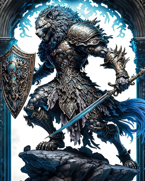 Um personagem de fantasia com uma espada e um escudo no peito.