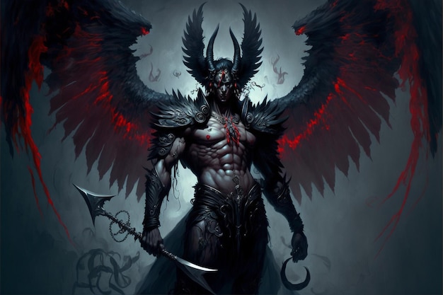 Um personagem de fantasia sombria com asas vermelhas e uma espada.