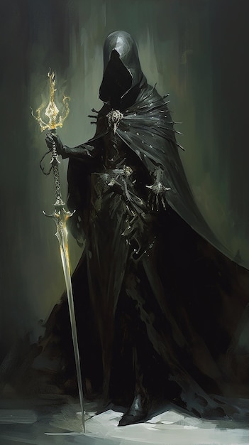 Um personagem de fantasia sombria com uma espada e uma espada.