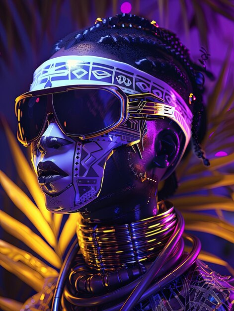 Um personagem de máscara africano cyberpunk