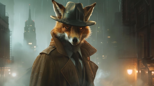 Um personagem de raposa estilizado como um detetive com um chapéu e casaco de trincheira em um ambiente urbano coberto de neve