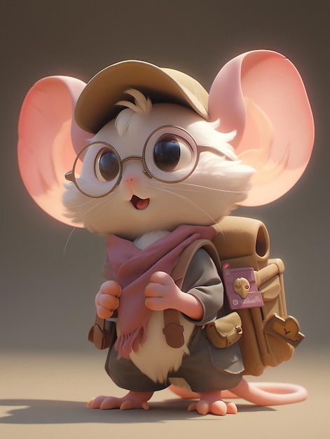 Um personagem de rato 3D fofo de bebê com um chapéu e cachecol carregando uma mochila