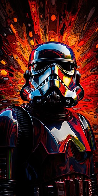 Foto um personagem de star wars está em exibição em um cartaz que diz stormtrooper