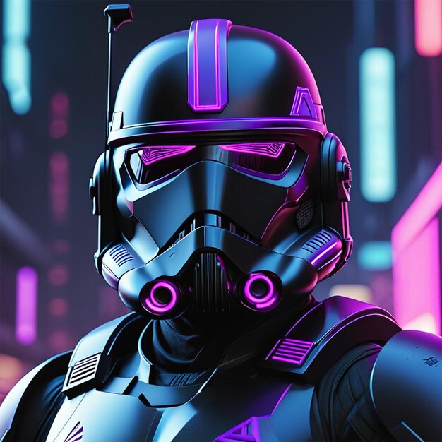Um personagem de Star Wars usa um capacete com efeitos de estilo roxo