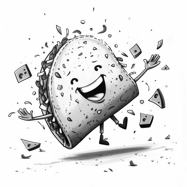 Foto um personagem de taco divertido ilustrado em preto e branco com queijo e salsa voando em torno isolado em um fundo branco perfeito para a embalagem de produtos de taco v 6 job id d294bac754144991a38ed69f4ed361a1