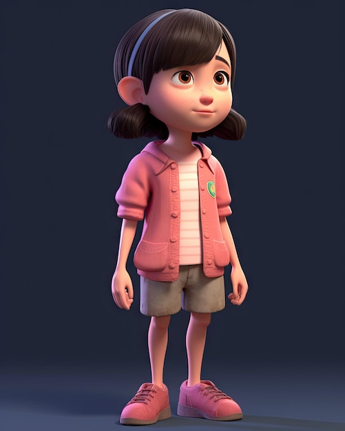 Um personagem de uma garota em uma jaqueta rosa e shorts fica em um quarto escuro.