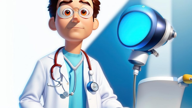 Um personagem do filme médico de animação que está parado na frente de uma luz azul.