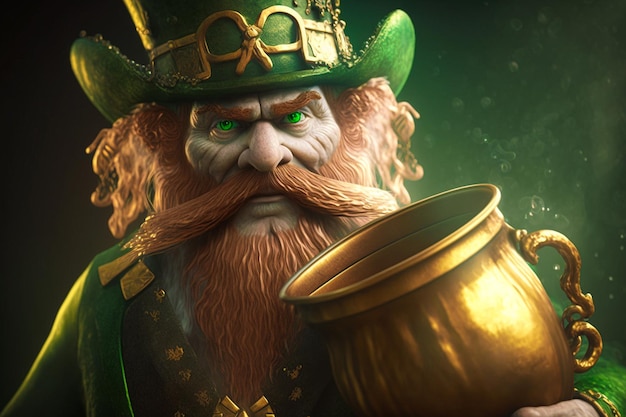 Um personagem do jogo leprechaun com um pote de ouro na mão.