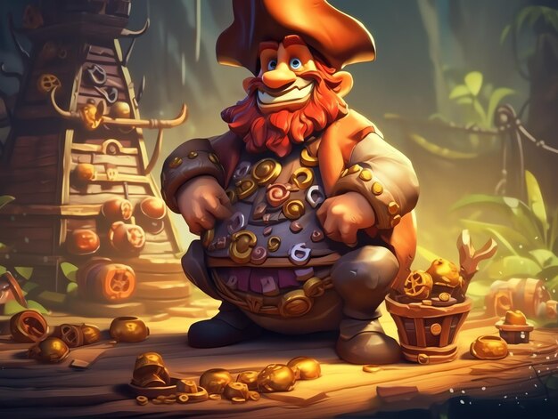 Um personagem do jogo pirata ao lado de uma pilha de moedas de ouro.