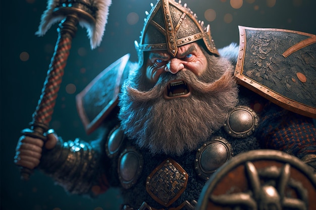 Um personagem do jogo viking com um martelo e um martelo