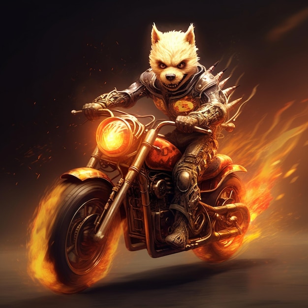 Um personagem em uma motocicleta com um incêndio na lateral.