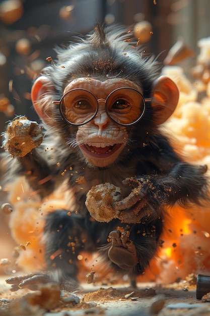 Um personagem macaco com uma bomba de granada em sua mão ilustração 3D