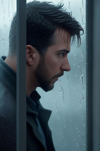 Um personagem masculino olhando por uma janela cheia de chuva perdido em pensamentos