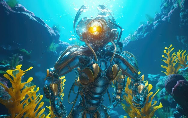 Um personagem na água com fundo azul e um peixe amarelo e laranja.