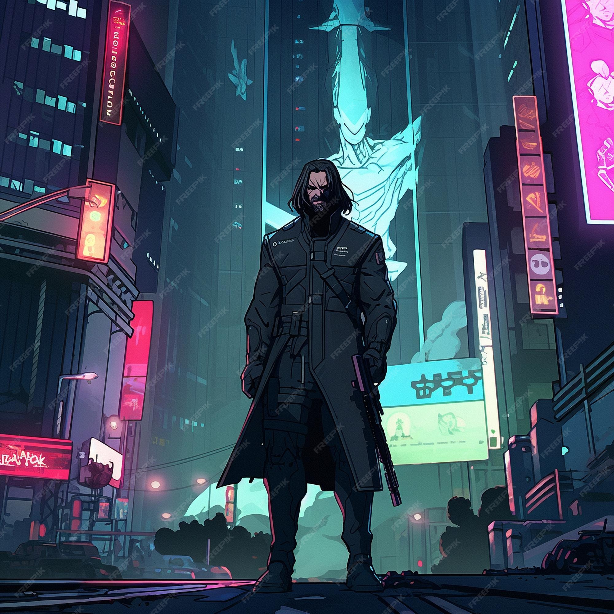 Um personagem no estilo de cyberpunk e anime