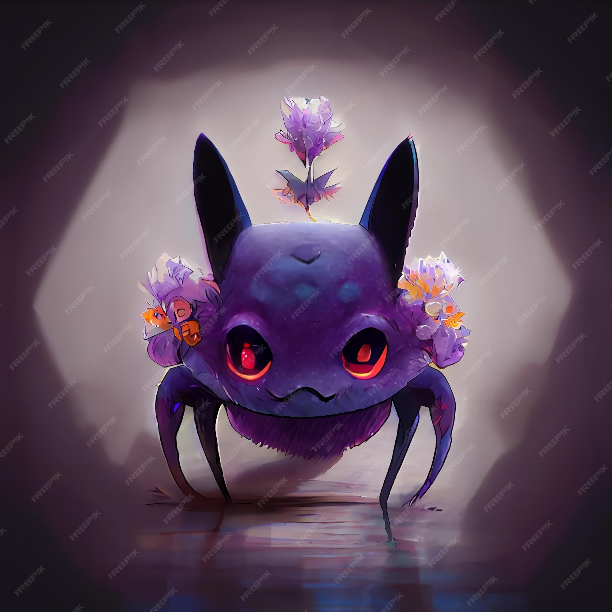 Um personagem pokémon roxo e roxo com olhos roxos e olhos vermelhos.