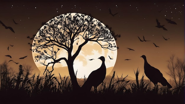 Um peru em pé contra o pôr do sol com pássaros e lua cheia