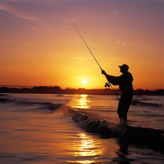 Um pescador a pescar com uma haste giratória na margem do rio ao nascer do sol.