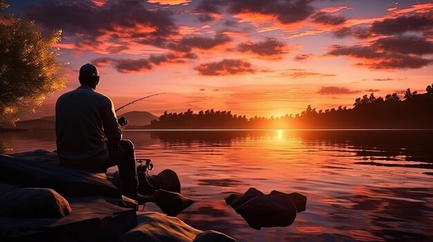 Um pescador ao pôr-do-sol com uma vara de pescar junto à água