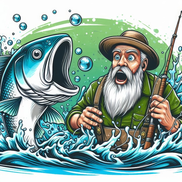 Foto um pescador chocado com a ilustração de um peixe gigante saltando