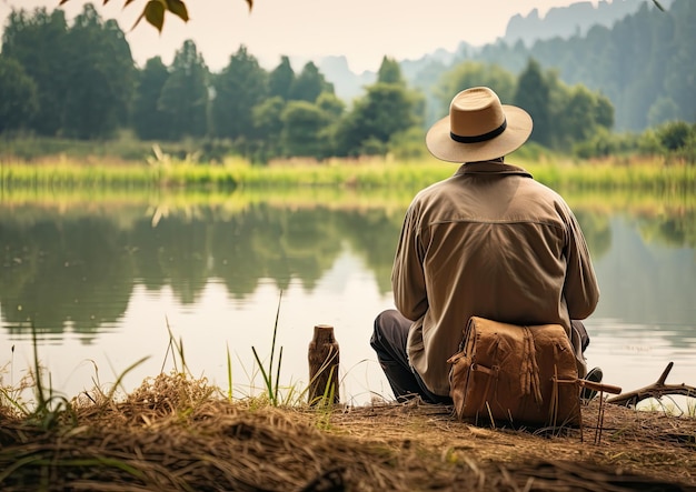 Um pescador com um chapéu de palha tradicional sentado em um banco de madeira na borda da lagoa