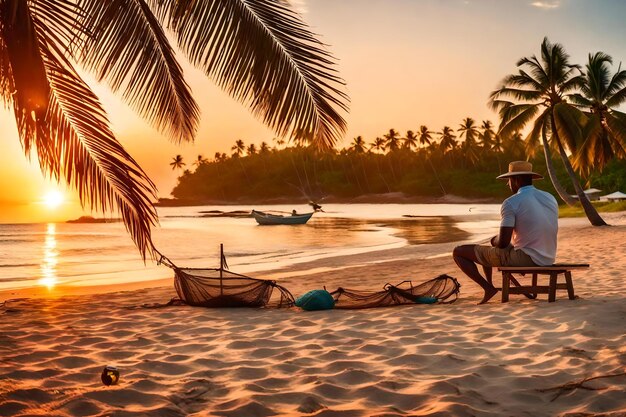 Um pescador consertando sua rede sentado em uma bela praia tropical