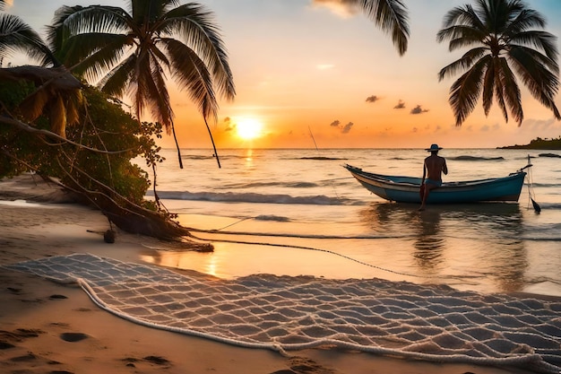 Um pescador consertando sua rede sentado em uma bela praia tropical