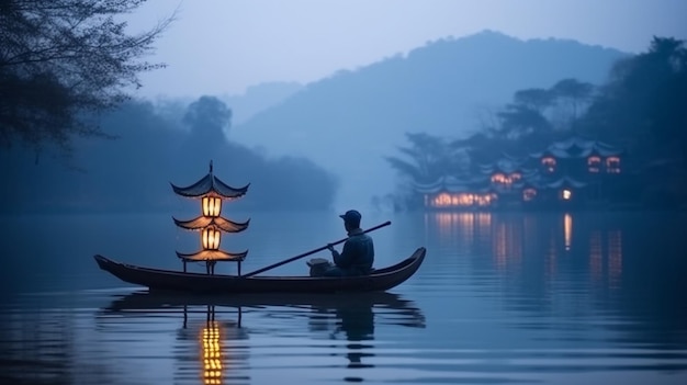 Um pescador em um barco com uma lanterna rio nublado na imagem da china Arte gerada por IA