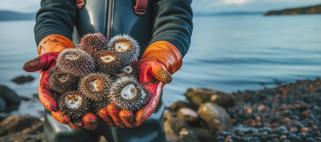 Foto um pescador em uniforme colhendo ouriços do mar frescos das águas costeiras, destacando os delicados e deliciosos ingredientes de frutos do mar