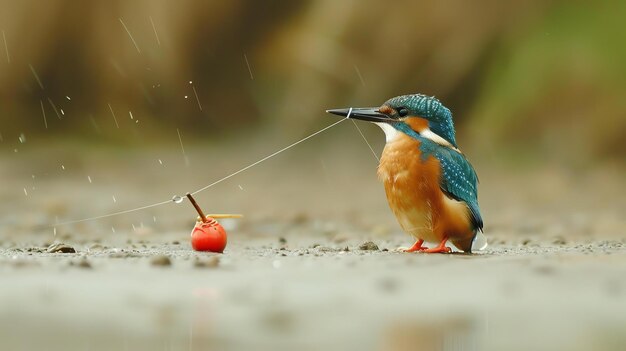 Foto um pescador está de pé na margem do rio o pássaro tem um gancho no bico e uma linha de pesca está ligada ao gancho