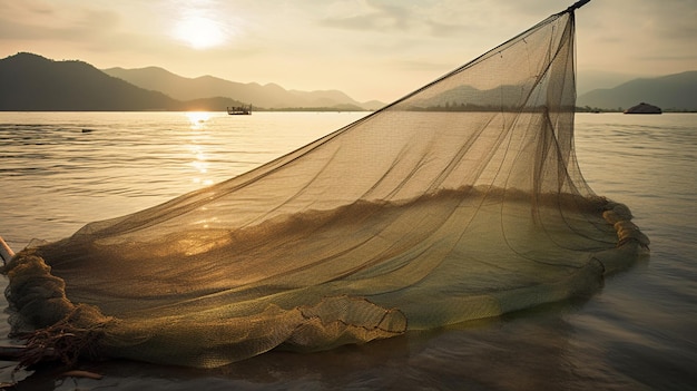 Um pescador está pescando em um barco com um pôr do sol ao fundo.