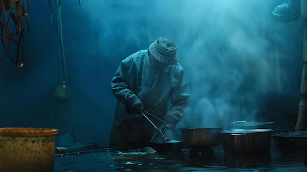 Foto um pescador lava peixe fresco em um ambiente úmido e sujo