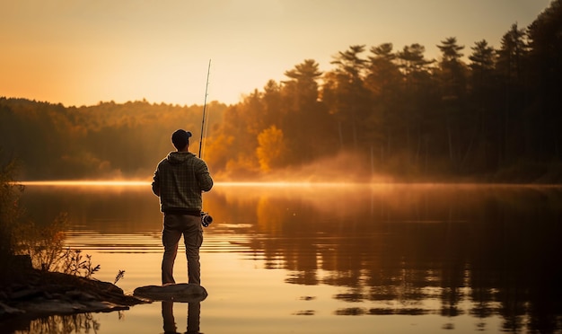 Um pescador pescando com uma vara de fiação na margem de um rio no nascer do sol nebuloso e bonita paisagem