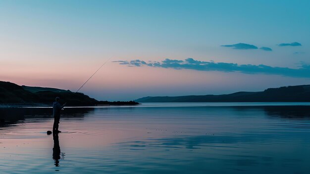 Foto um pescador solitário está nas águas rasas de uma baía calma ao anoitecer lançando sua linha nas águas quietas