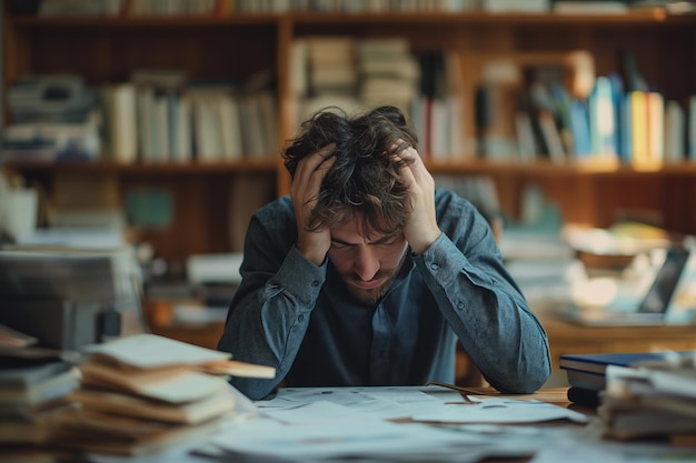 Um pesquisador de sexo masculino angustiado com a cabeça nas mãos sentindo-se sobrecarregado por uma carga de trabalho substancial num escritório desordenado