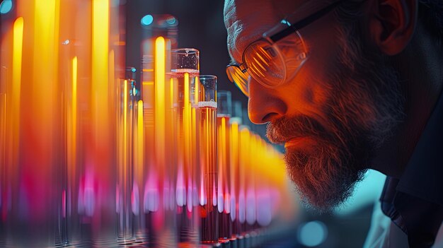 Um pesquisador em uma bata de laboratório observando um tubo de ensaio cheio de uma solução colorida o brilho do
