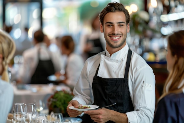 Um pessoal de espera adorável e sorridente a receber ordens do cliente.