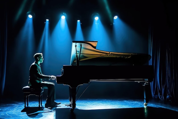 Um pianista de fato toca uma peça de música no piano no palco gerado pela IA