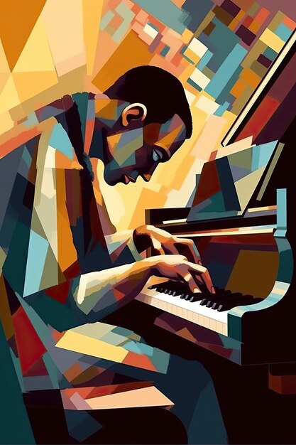 Foto um pianista de jazz de performance modernista em uma pintura cubista de ia generativa