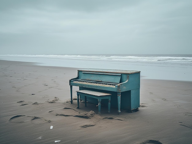 Um piano azul fica na praia com o oceano ao fundo.