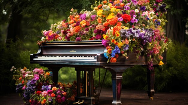 Um piano colorido com flores.